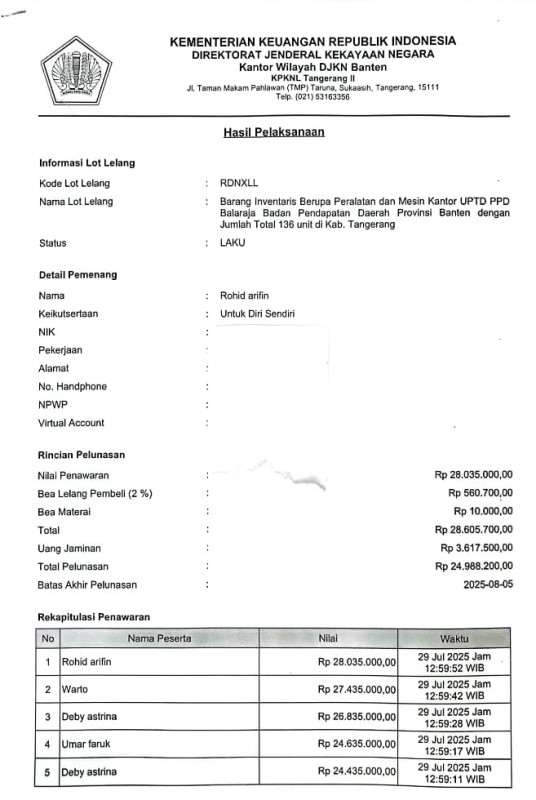 Barang Inventaris UPTD PPD Balaraja Laku Terlelang Rp28 Juta Lebih