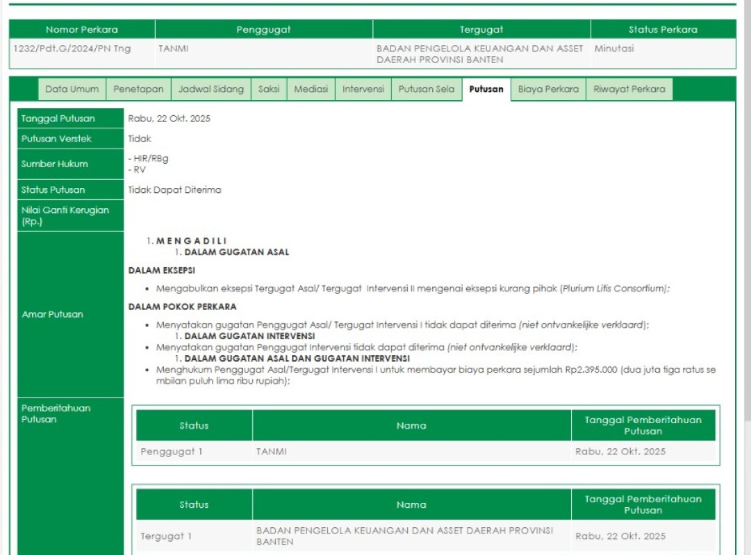 BPKAD Provinsi Banten Menang dalam Perkara Perdata di Pengadilan Negeri Tangerang Terkait Tanah Situ Setingin