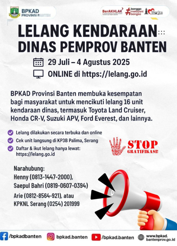 BPKAD Provinsi Banten Gelar Lelang 16 Unit Kendaraan Dinas Milik Pemprov Secara Online Penawaran Dibuka 29 Juli hingga 4 Agustus 2025 via lelang.go.id